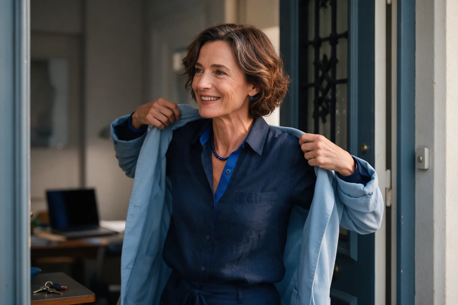 The woman happily putting on a jacket to head outside.