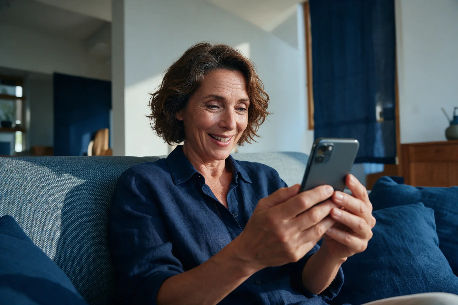 The woman smiling as she reflects with her phone at home.