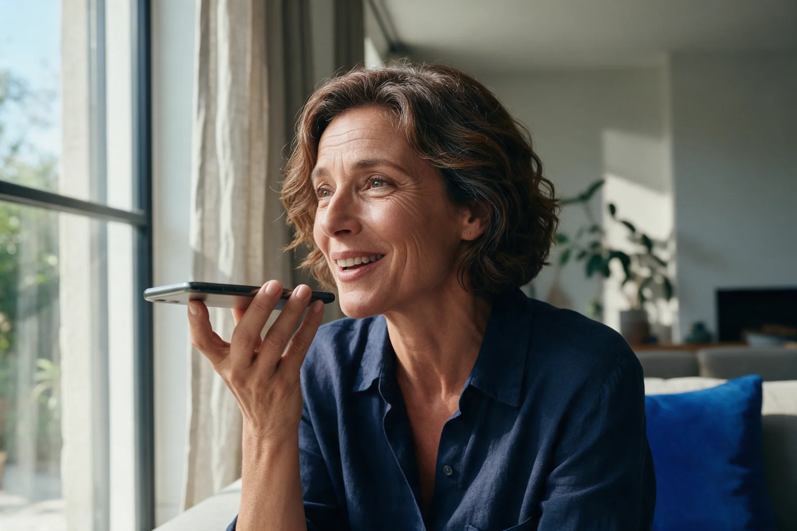 A woman in her fifties sharing a thought in a voice note at home.