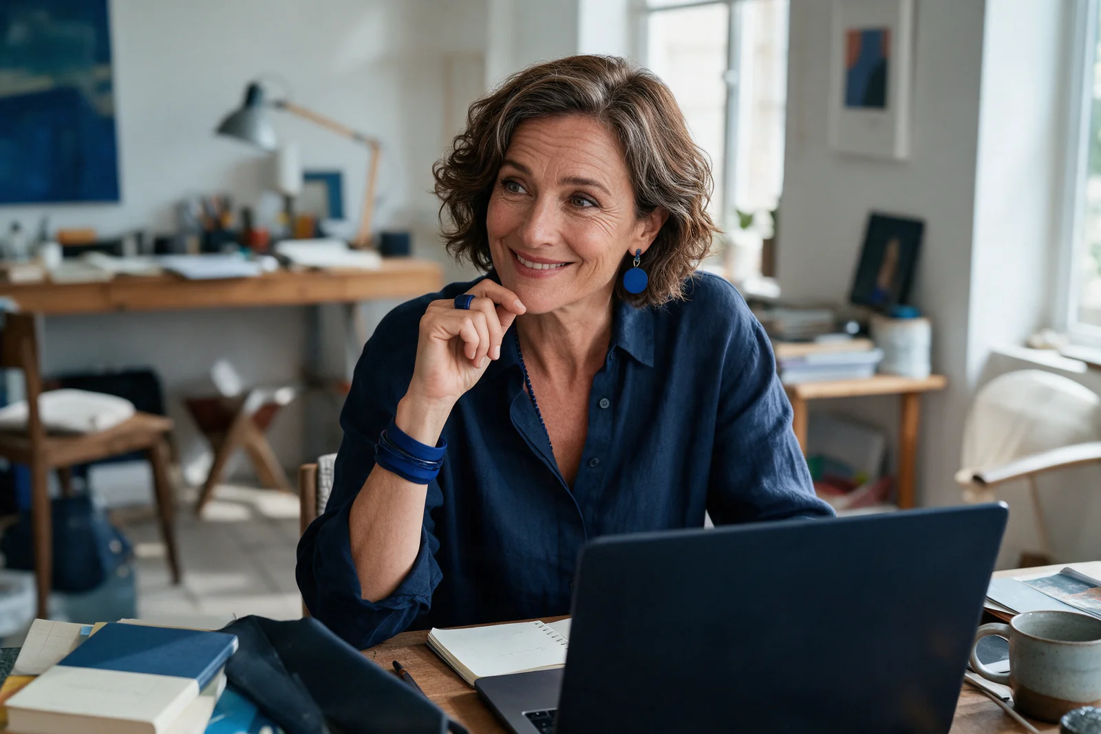 A thoughtful woman in her fifties pausing at her home workspace.